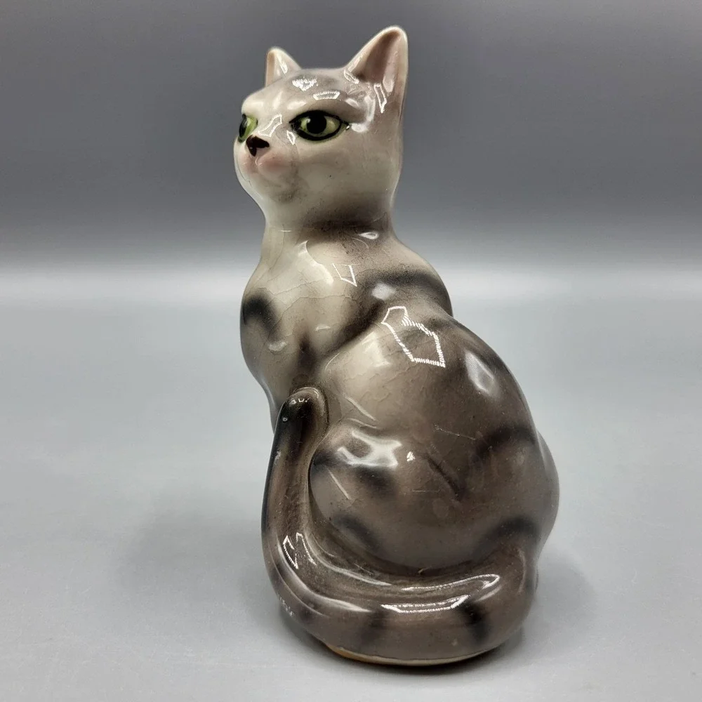 Vintage Ceramic Cat Kitten Figurine Gray Siamese Glossy Finish Shelf Decor